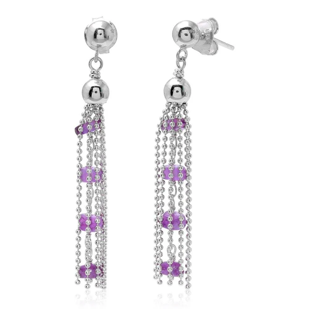 Rhodium Plated 925 Sterling Silver Dropped Bead Chain and Purple Bead Earrings - DIE00004RH-AM