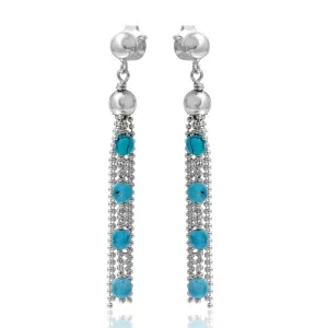 Rhodium Plated 925 Sterling Silver Dropped Bead Chain and Turquoise Bead Earrings - DIE00004RH-TQ
