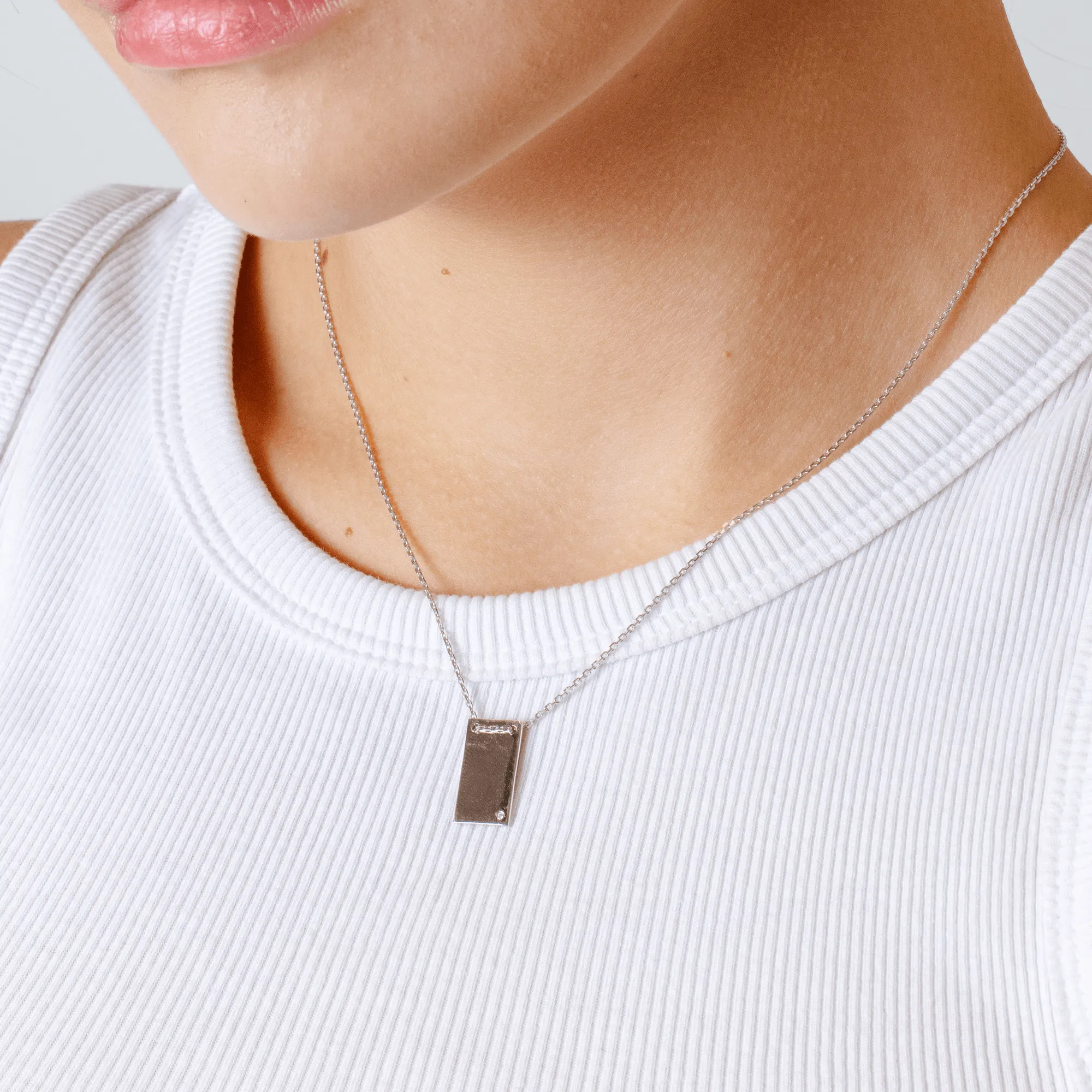 Rhodium Plated 925 Sterling Silver Engravable Rectangular Shaped Necklace with Diamond - DIN00075RH