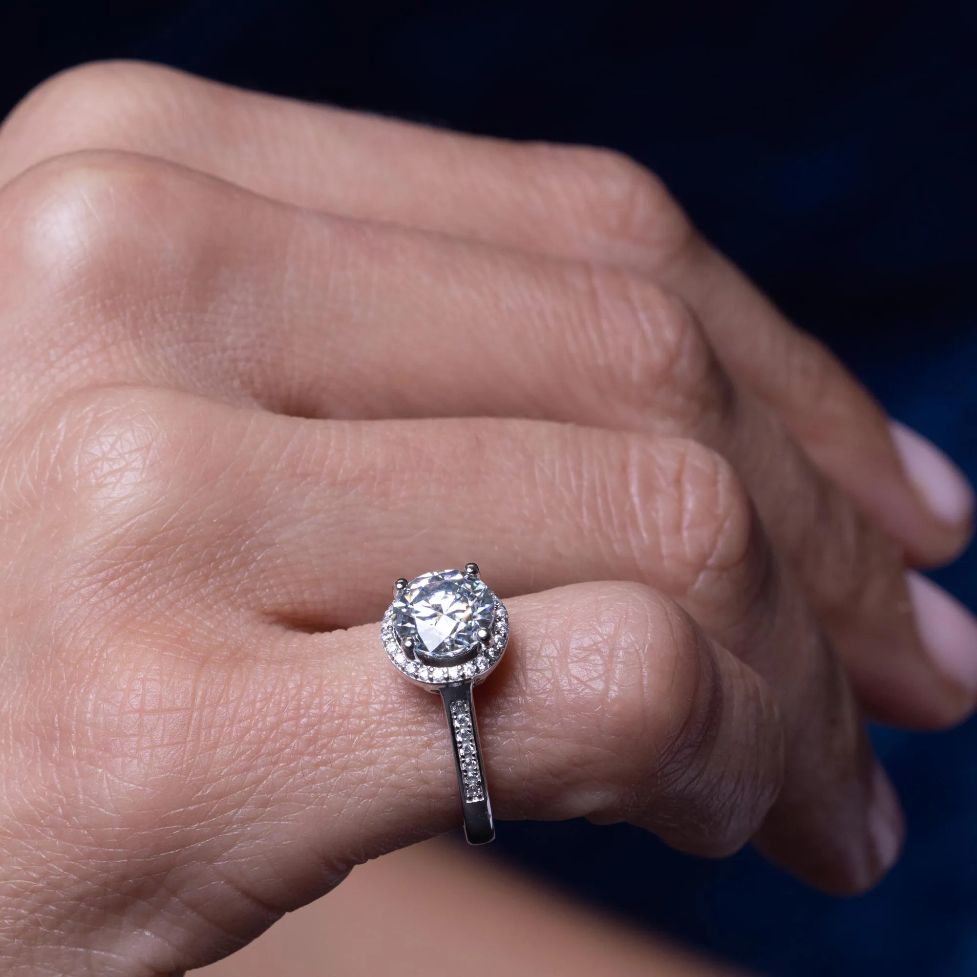 Rhodium Plated 925 Sterling Silver Halo Round Moissanite Stones Ring - MBGR00008