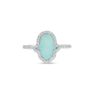 Rhodium Plated 925 Sterling Silver Hamsa Opal CZ Ring - BGR01356