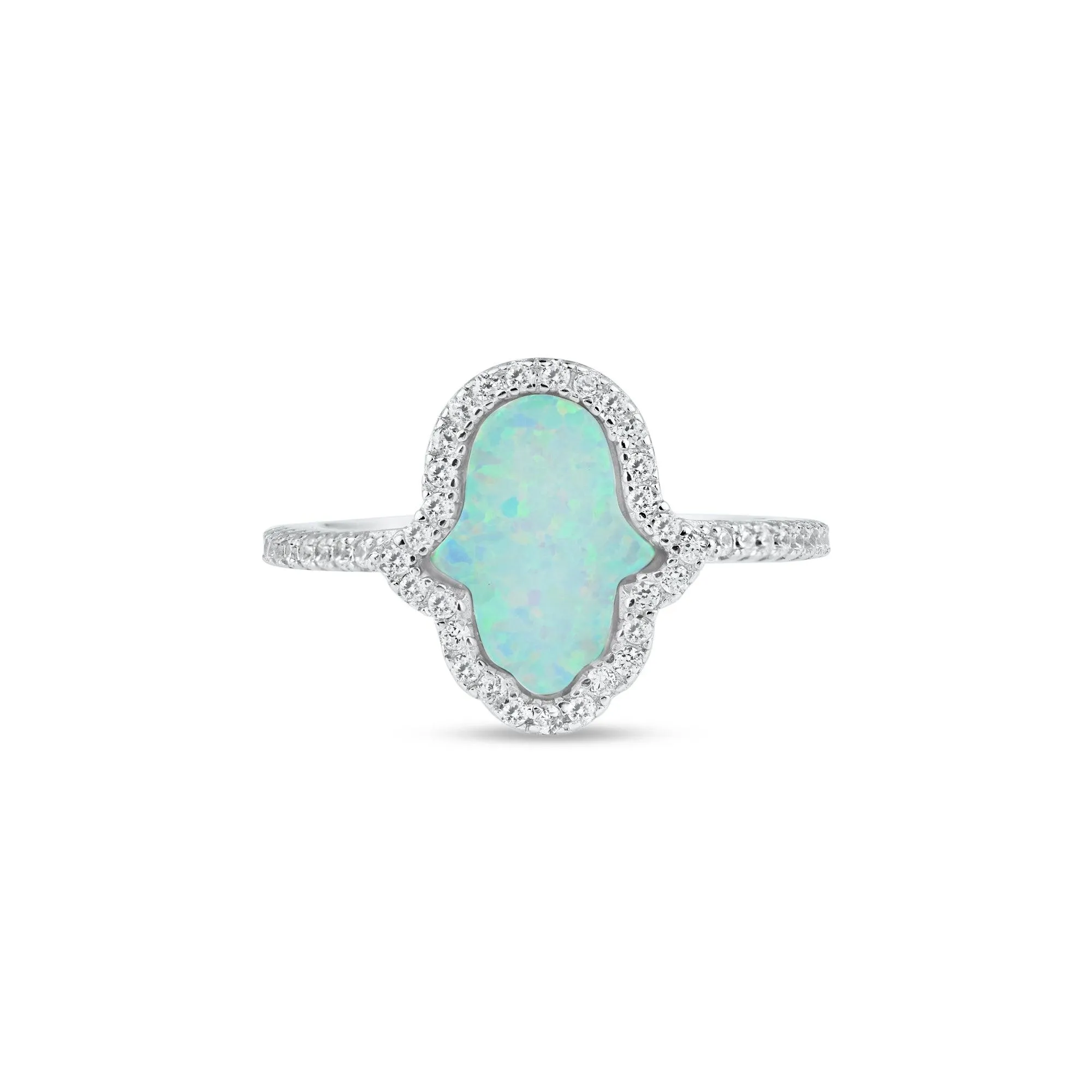 Rhodium Plated 925 Sterling Silver Hamsa Opal CZ Ring - BGR01356