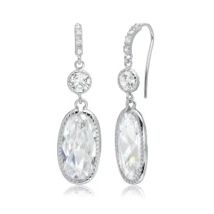 Rhodium Plated 925 Sterling Silver Hanging Oval CZ Earrings - BGE00412