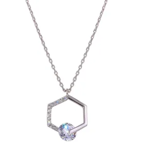 Rhodium Plated 925 Sterling Silver Hexagon Pendant Necklace with CZ - GMN00034