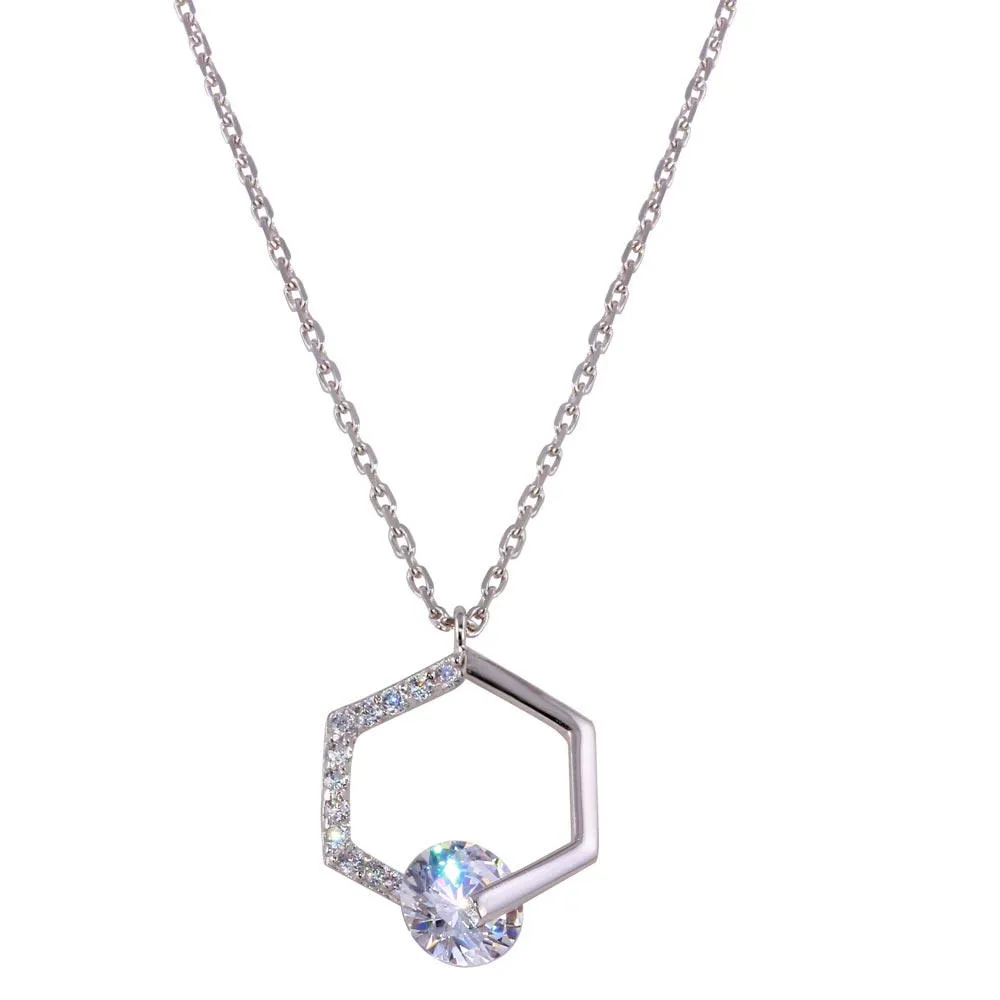 Rhodium Plated 925 Sterling Silver Hexagon Pendant Necklace with CZ - GMN00034