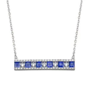 Rhodium Plated 925 Sterling Silver Horizontal Bar Blue CZ Necklace - BGP01368BLU