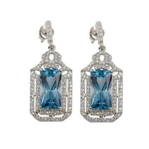 Rhodium Plated 925 Sterling Silver Large Dangling Light Blue Earrings - BGE00601