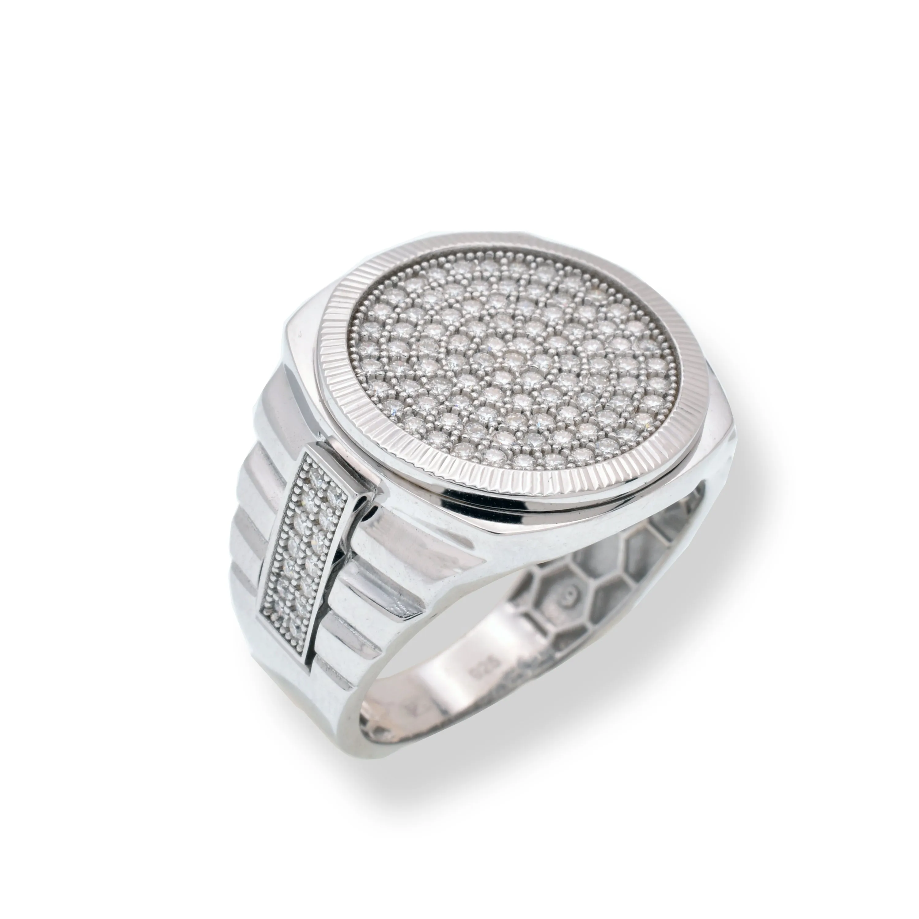 Rhodium Plated 925 Sterling Silver Men's Moissanite Stone Diamond Cut Round Bezel 18mm x 18.5mm Statement Ring - MGMR00034