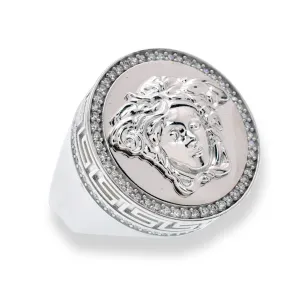 Rhodium Plated 925 Sterling Silver Men's Round Medussa Greek Key Clear CZ 24.1mm Ring - GMR00416