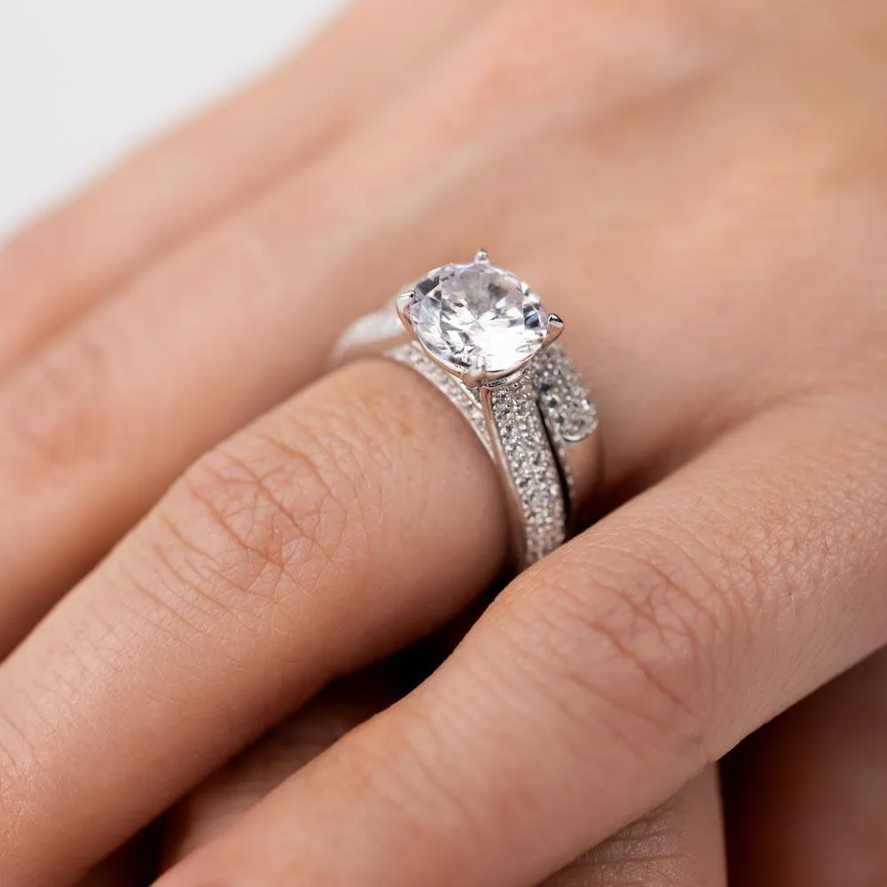 Rhodium Plated 925 Sterling Silver Micro Pave Shank Bridal Single Center Stone Ring - GMR00204