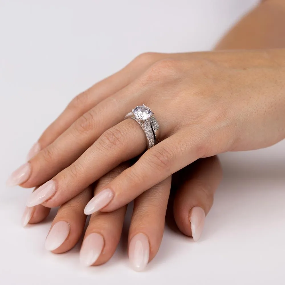 Rhodium Plated 925 Sterling Silver Micro Pave Shank Bridal Single Center Stone Ring - GMR00204