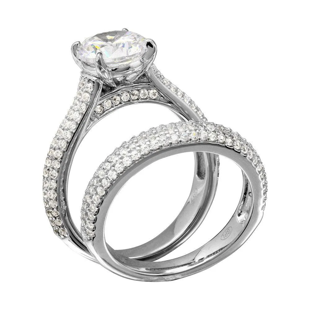 Rhodium Plated 925 Sterling Silver Micro Pave Shank Bridal Single Center Stone Ring - GMR00204