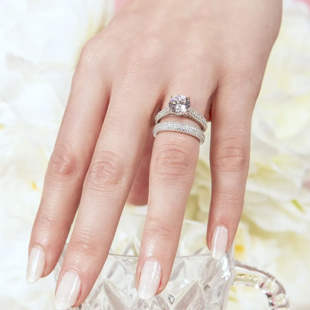 Rhodium Plated 925 Sterling Silver Micro Pave Shank Bridal Single Center Stone Ring - GMR00204