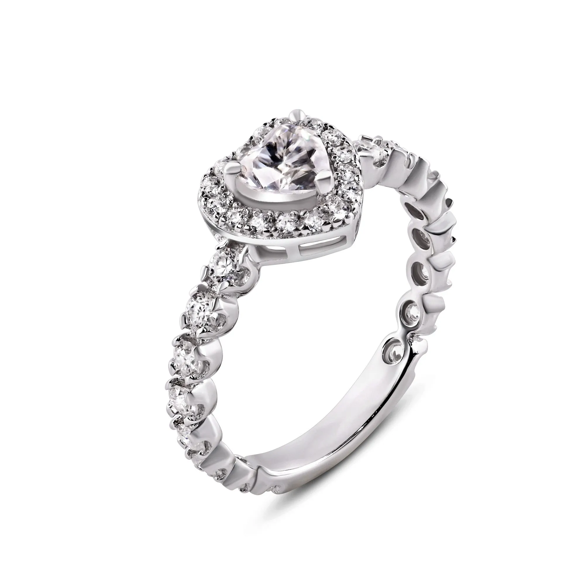 Rhodium Plated 925 Sterling Silver Moissanite Stone Heart Ring - MGMR00008