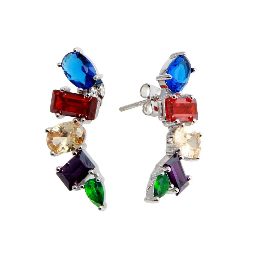 Rhodium Plated 925 Sterling Silver Multi-Colored and Multi-Shaped CZ Stone Earrings - BGE00612
