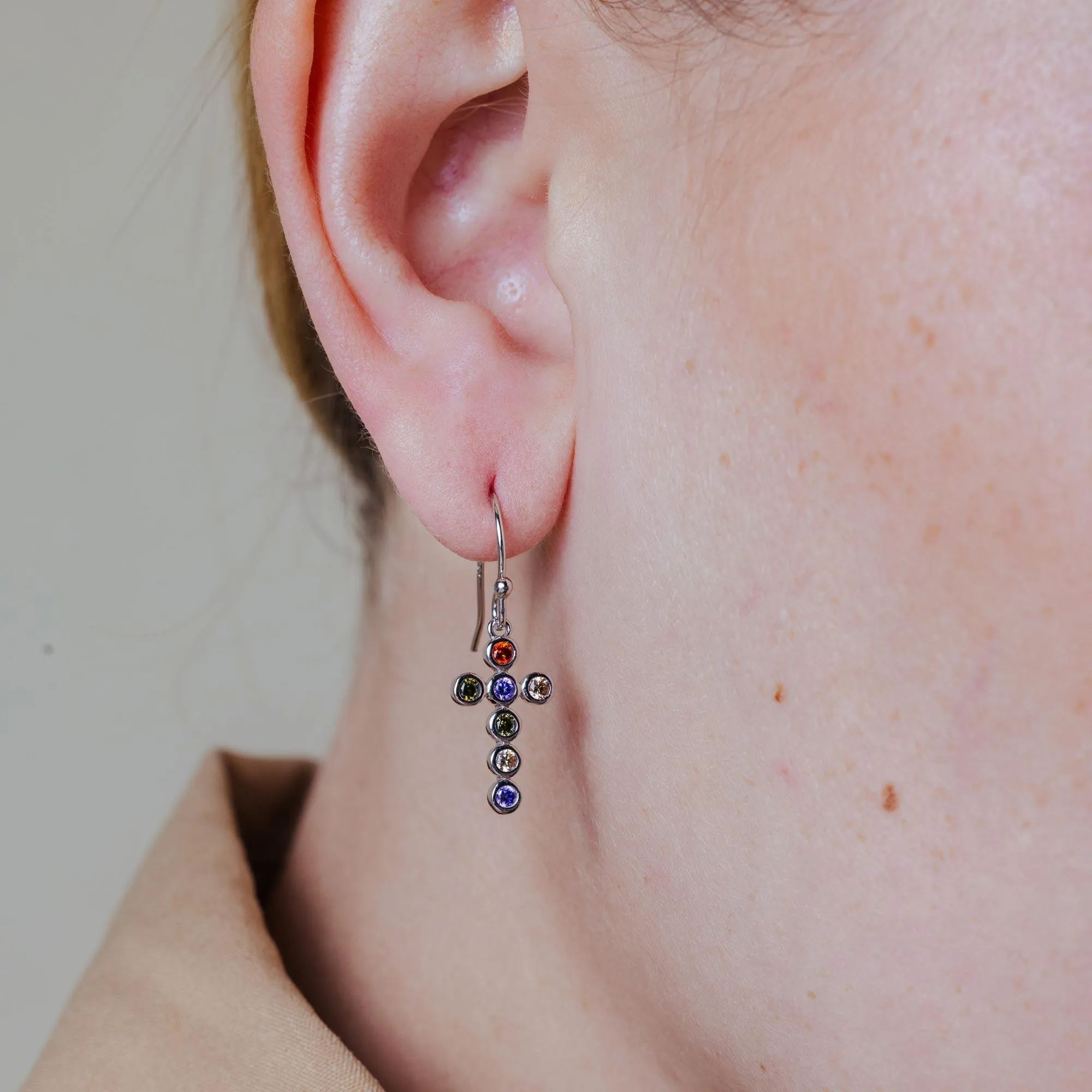 Rhodium Plated 925 Sterling Silver Multi-Colored CZ Cross Earrings - STE01137