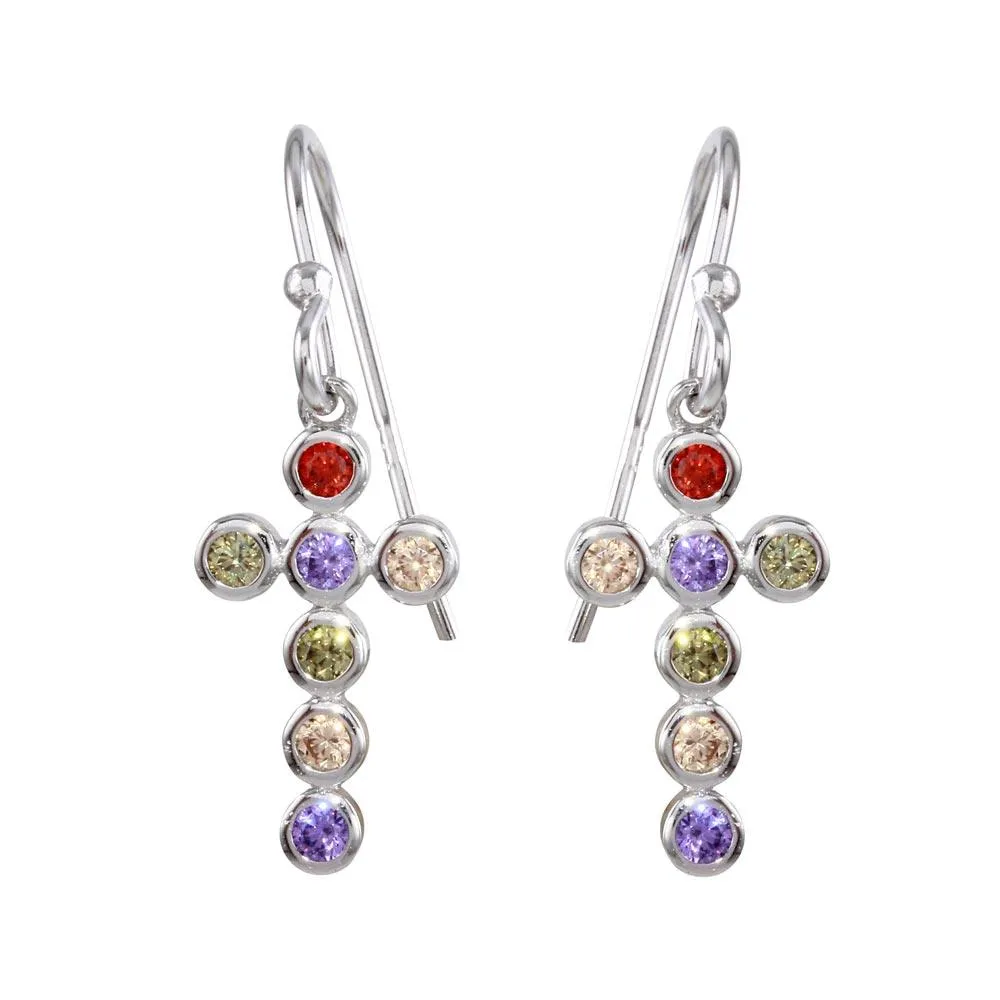 Rhodium Plated 925 Sterling Silver Multi-Colored CZ Cross Earrings - STE01137