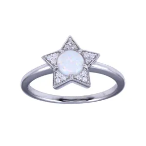 Rhodium Plated 925 Sterling Silver Opal Stone Star With CZ Ring - BGR01316