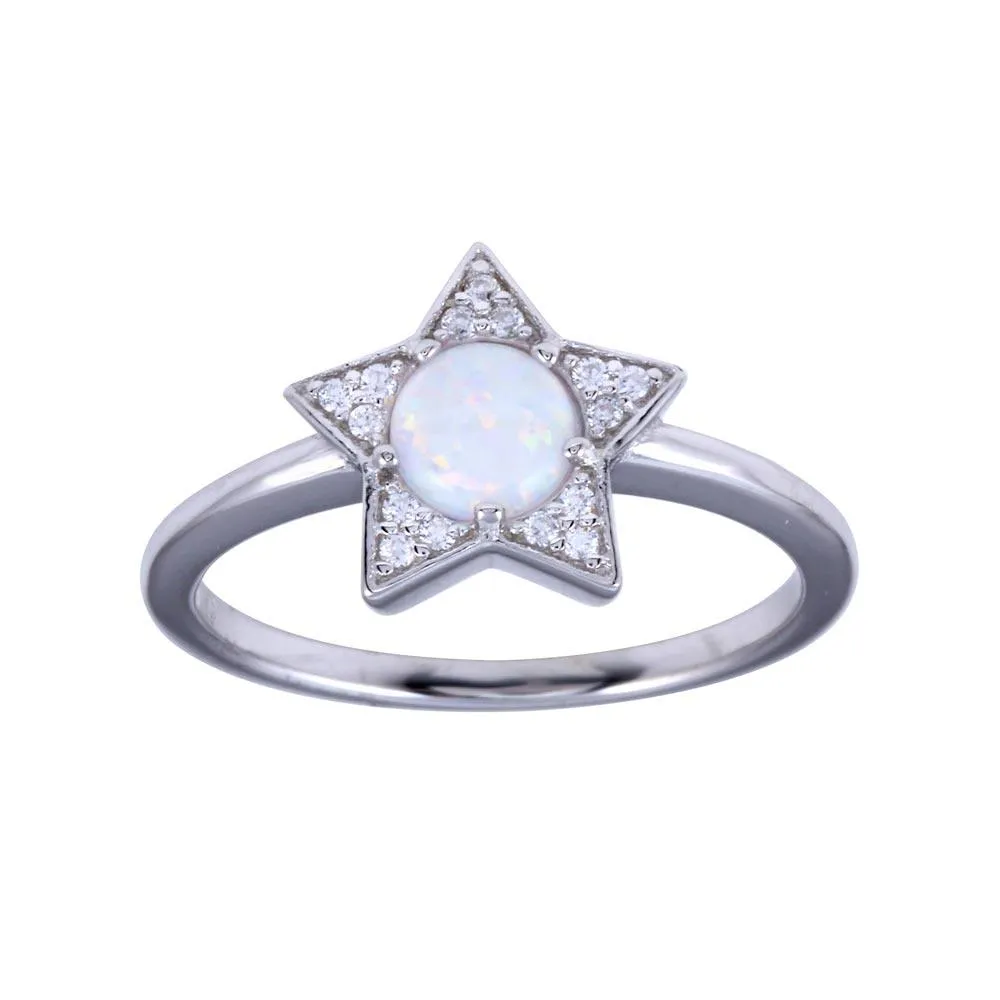 Rhodium Plated 925 Sterling Silver Opal Stone Star With CZ Ring - BGR01316