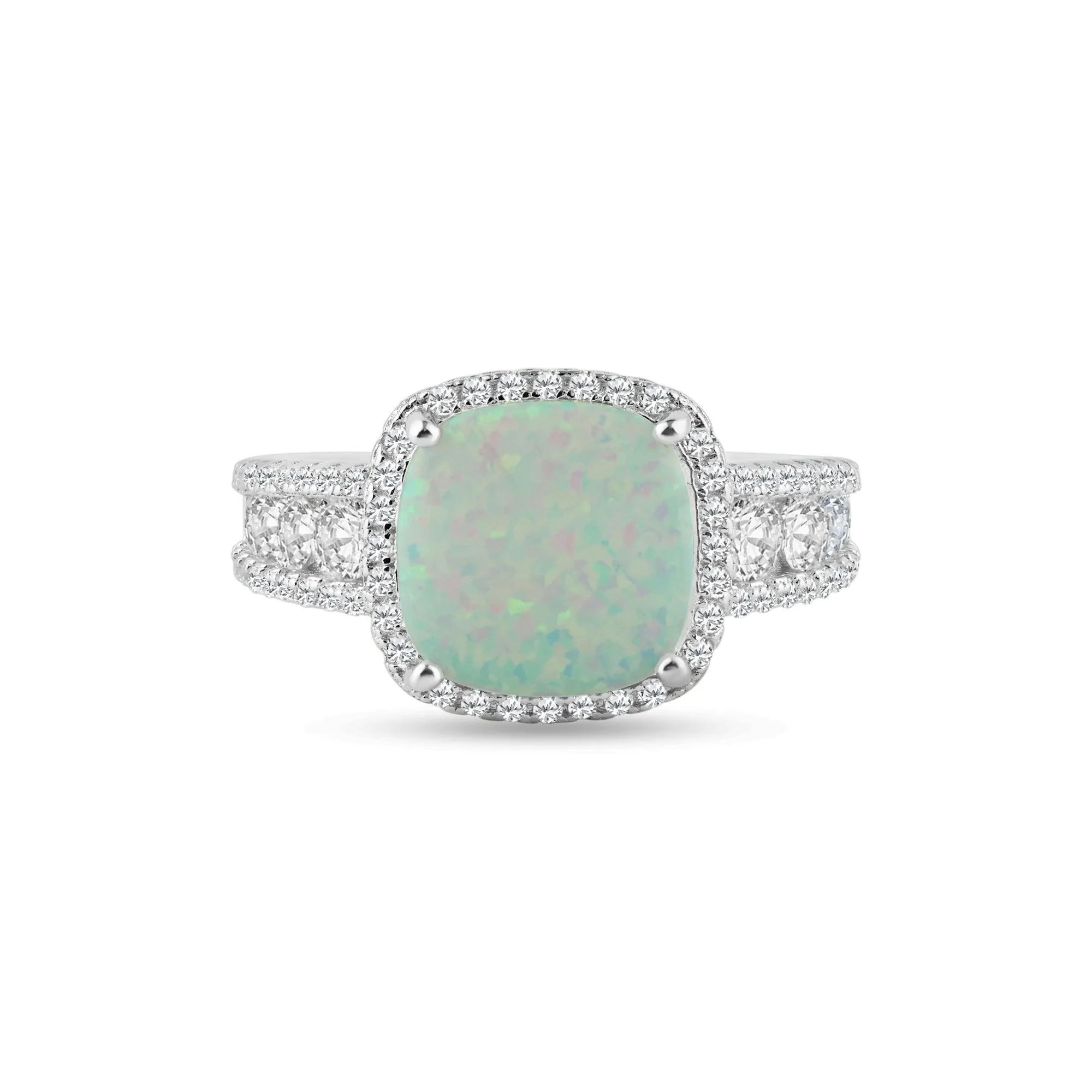 Rhodium Plated 925 Sterling Silver Opal Stone With CZ Ring - BGR01314