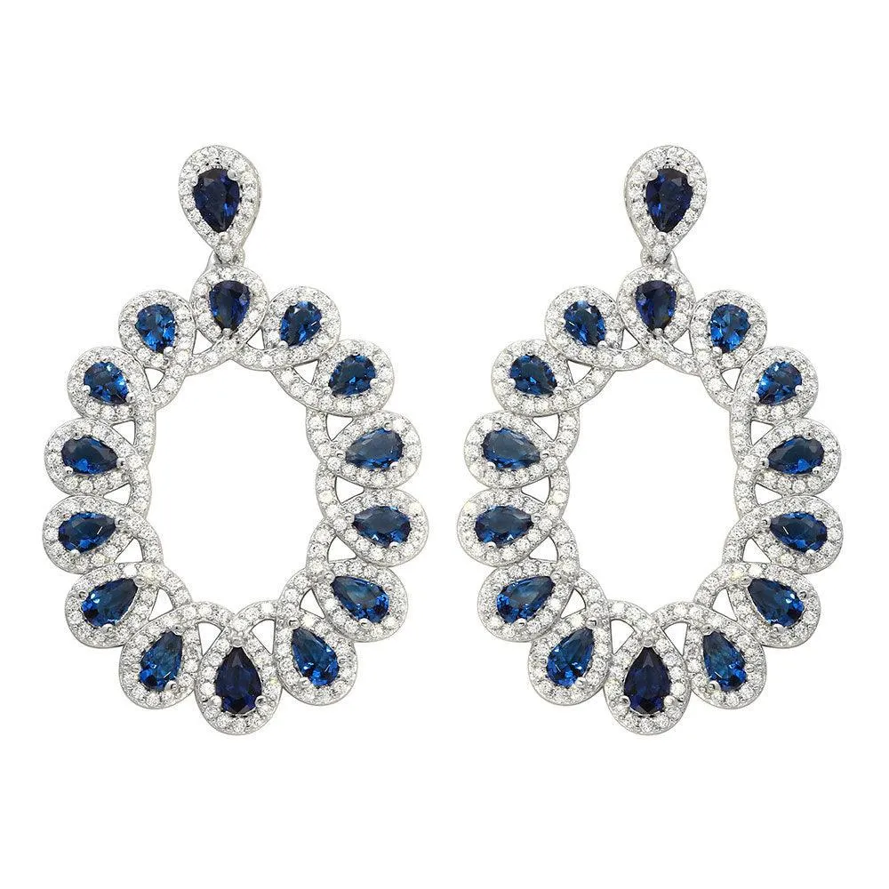 Rhodium Plated 925 Sterling Silver Open Oval Blue and Clear CZ Hanging Earrings - GME00106-BLU