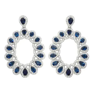 Rhodium Plated 925 Sterling Silver Open Oval Blue and Clear CZ Hanging Earrings - GME00106-BLU