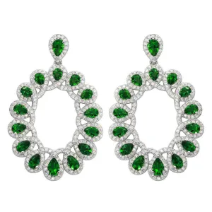 Rhodium Plated 925 Sterling Silver Open Oval Green and Clear CZ Hanging Earrings - GME00106-GREEN