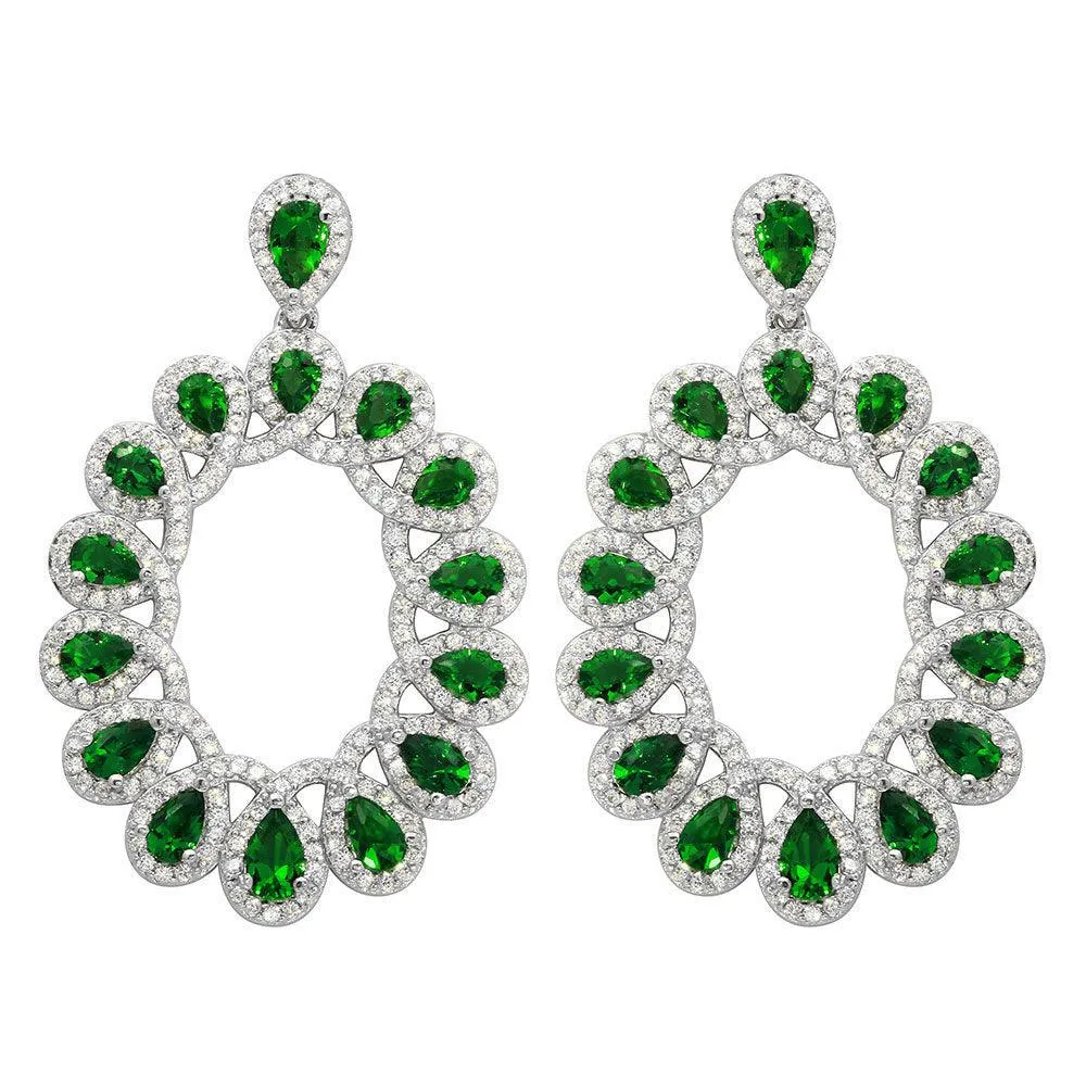 Rhodium Plated 925 Sterling Silver Open Oval Green and Clear CZ Hanging Earrings - GME00106-GREEN