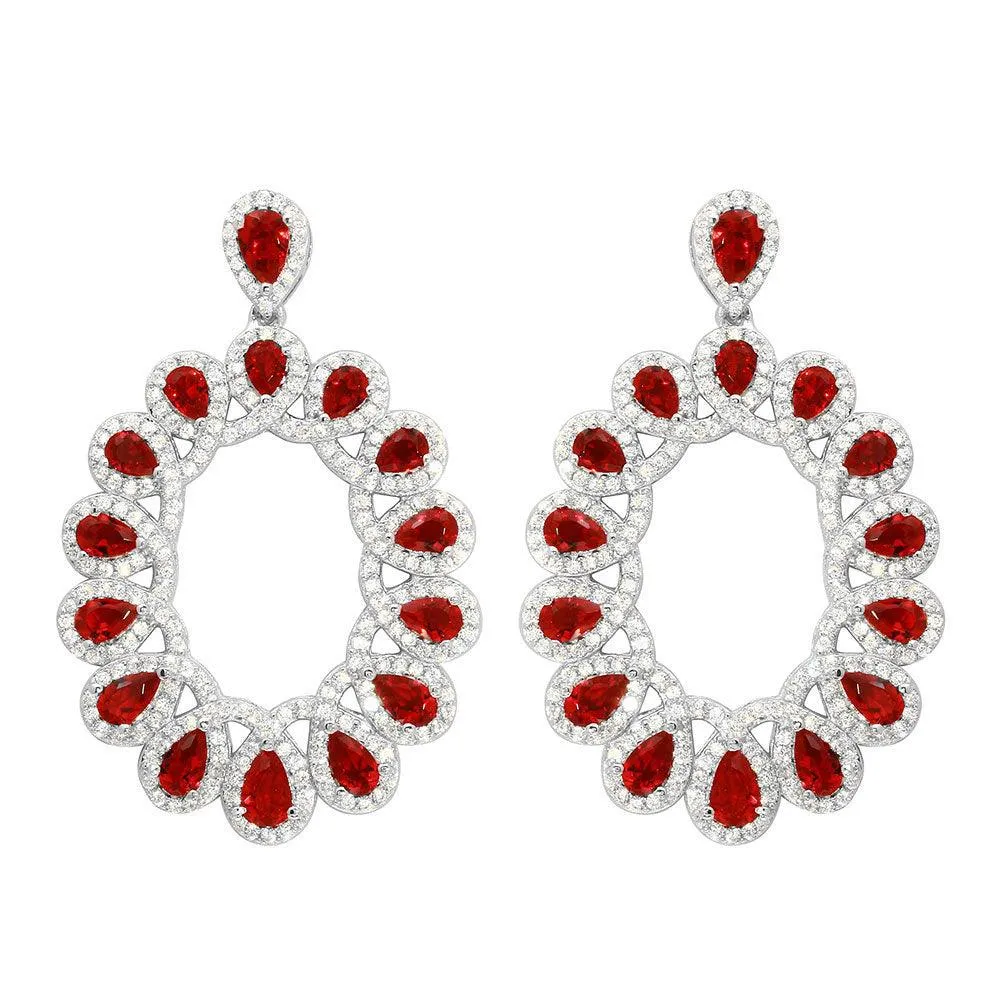 Rhodium Plated 925 Sterling Silver Open Oval Red and Clear CZ Hanging Earrings - GME00106-RED