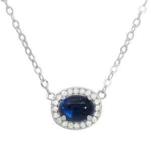 Rhodium Plated 925 Sterling Silver Oval Halo CZ Pendant Blue Center Stone Necklace - GMN00022-SEP