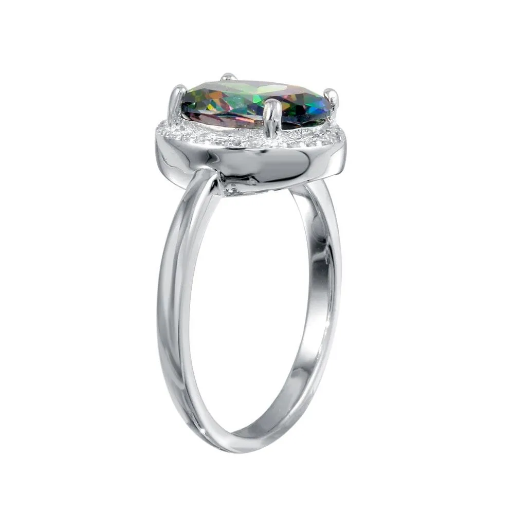 Rhodium Plated 925 Sterling Silver Oval Halo Mystic Topaz CZ Ring - BGR01269