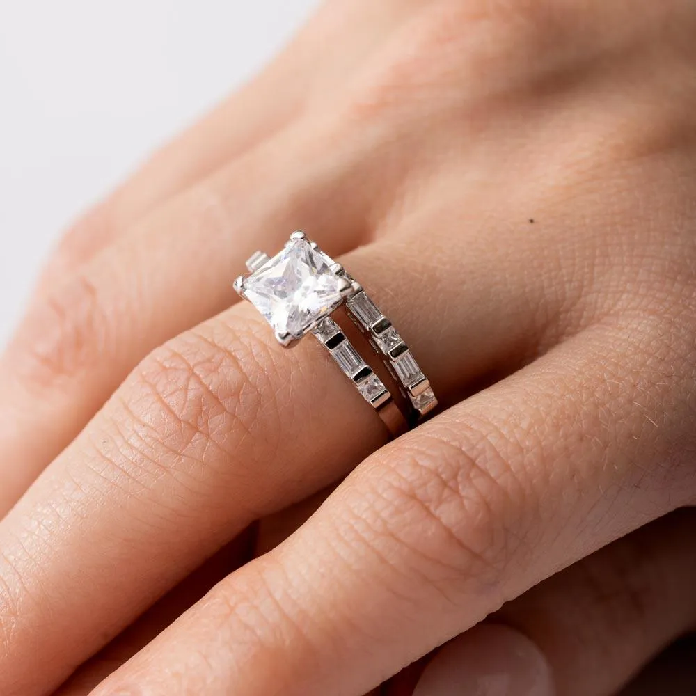 Rhodium Plated 925 Sterling Silver Princess Cut Engagement Ring - GMR00265