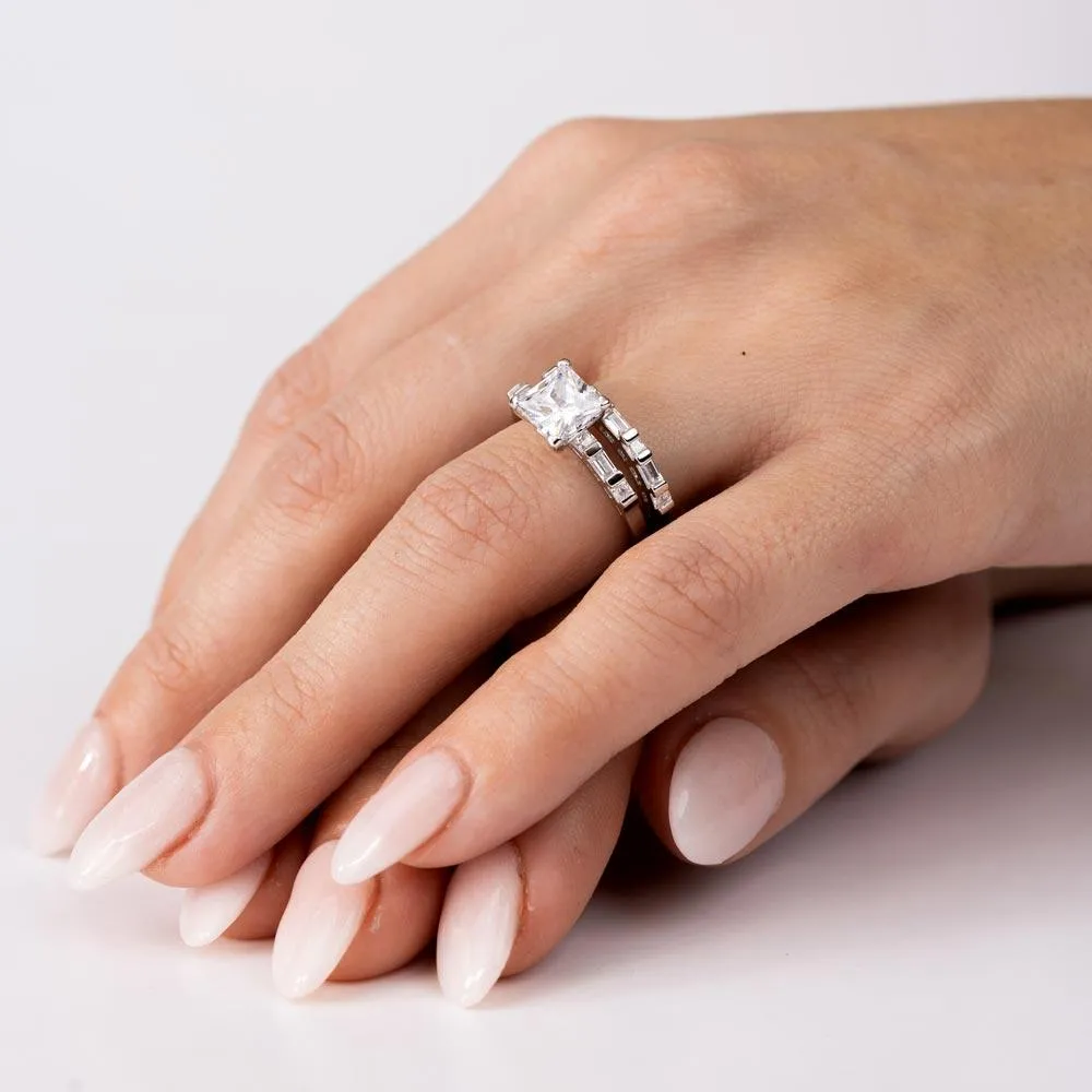 Rhodium Plated 925 Sterling Silver Princess Cut Engagement Ring - GMR00265