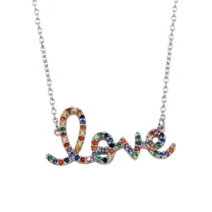Rhodium Plated 925 Sterling Silver "Love" Word Necklace with Rainbow CZ - BGP01299