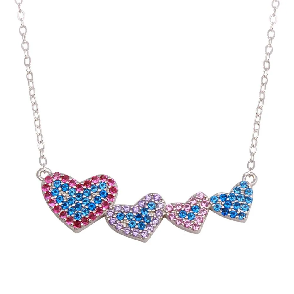 Rhodium Plated 925 Sterling Silver Rainbow Multi Color CZ 4 Hearts Necklace - STP01733