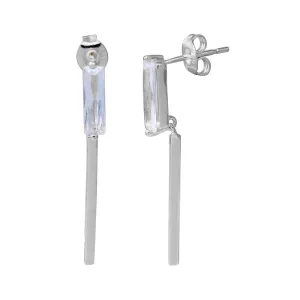 Rhodium Plated 925 Sterling Silver Rectangle CZ Earrings with Dangling Bar - STE01085RH