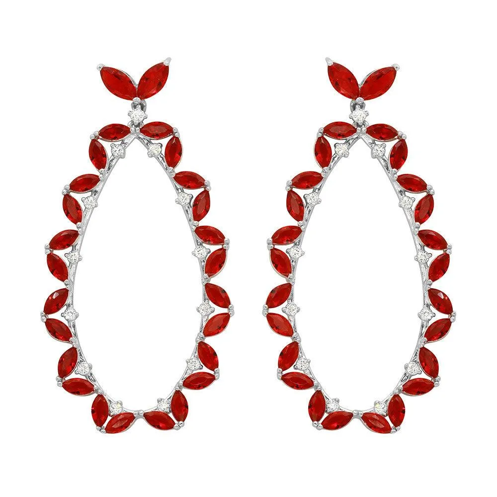 Rhodium Plated 925 Sterling Silver Red CZ Hanging Oval Earrings - GME00103-RED