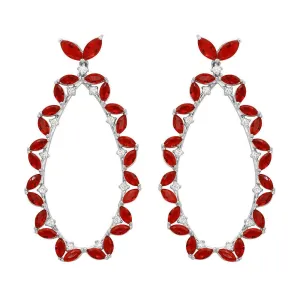 Rhodium Plated 925 Sterling Silver Red CZ Hanging Oval Earrings - GME00103-RED
