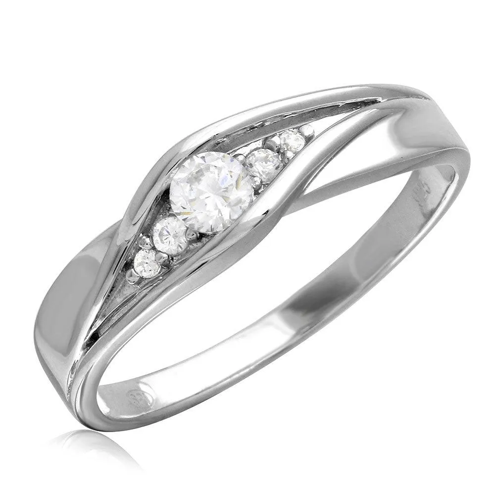 Rhodium Plated 925 Sterling Silver Round CZ Center Stones Wedding Ring - GMR00185