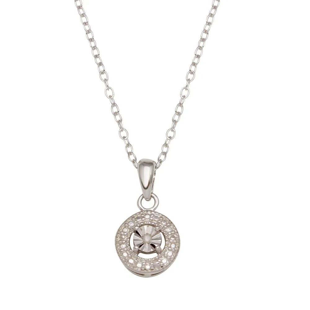 Rhodium Plated 925 Sterling Silver Round with Real Diamond  Stone Necklace - STP01640