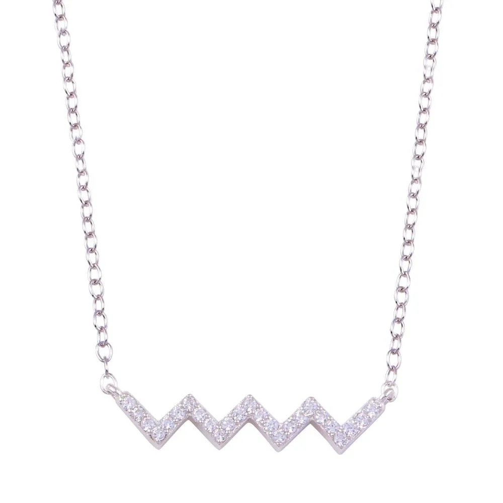Rhodium Plated 925 Sterling Silver Round ZigZag CZ Necklace - STP01719