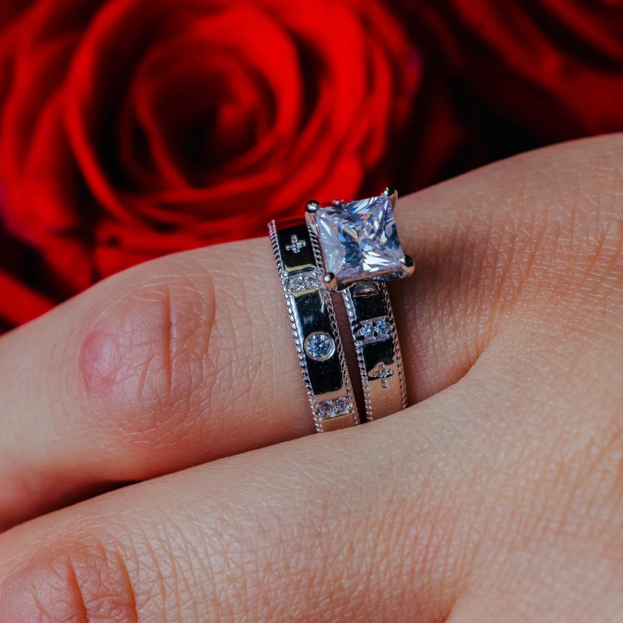 Rhodium Plated 925 Sterling Silver Square CZ Cross Shank Design Ring - GMR00285