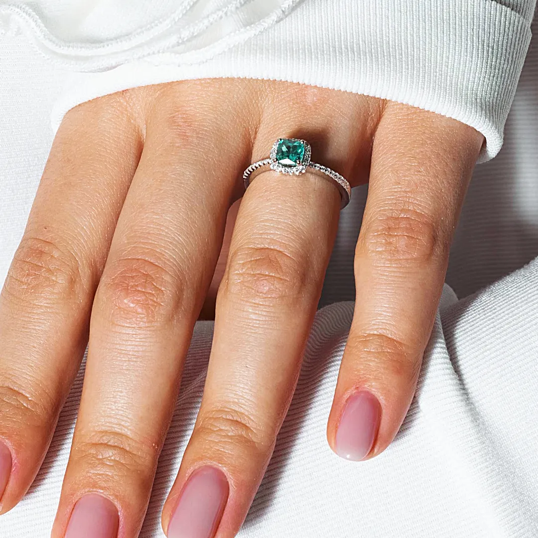 Rhodium Plated 925 Sterling Silver Square Halo Turquoise CZ Bridal Ring - BGR01238