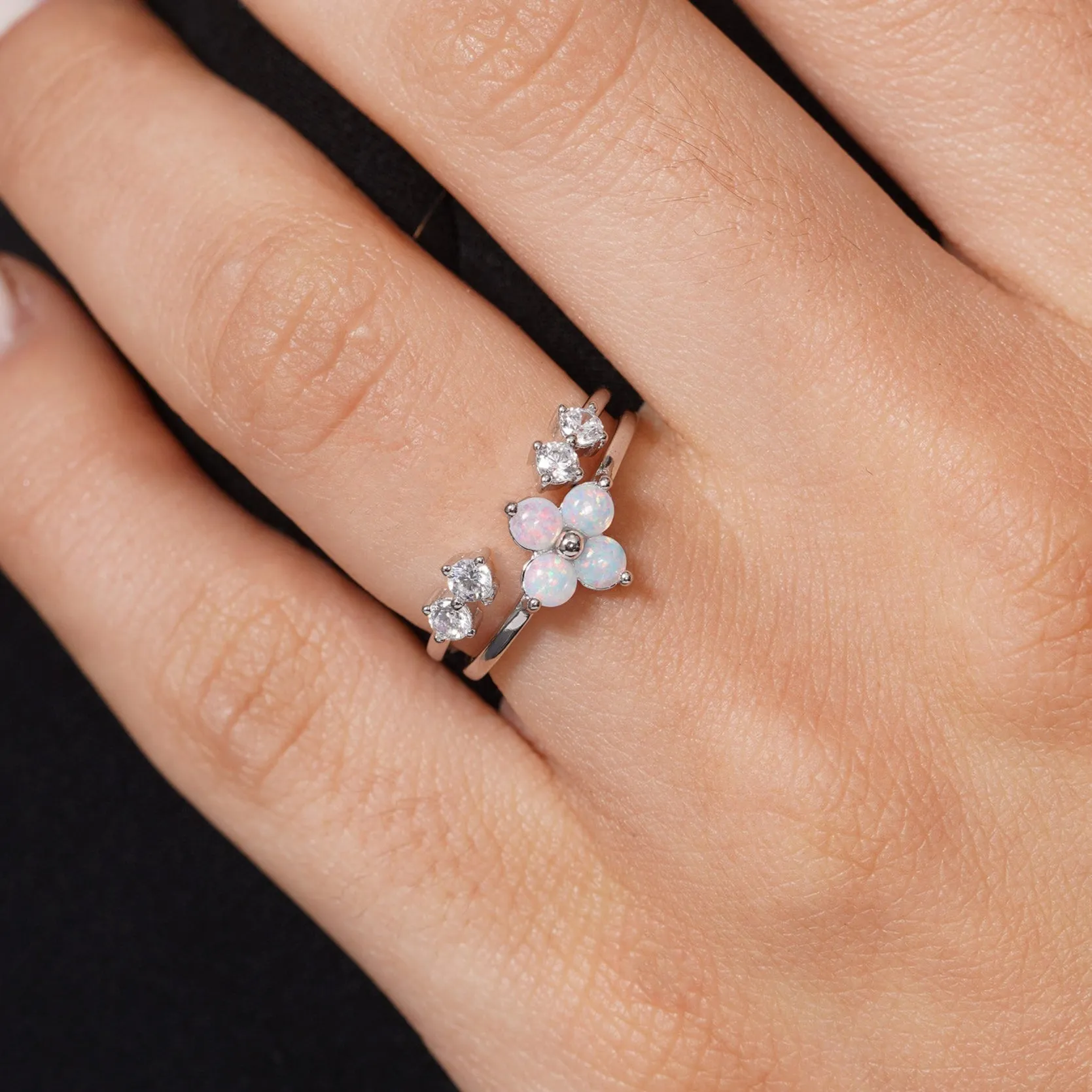 Rhodium Plated 925 Sterling Silver Synthetic Opal Clover And Open Bypass Clear CZ Ring Set - JTR00005