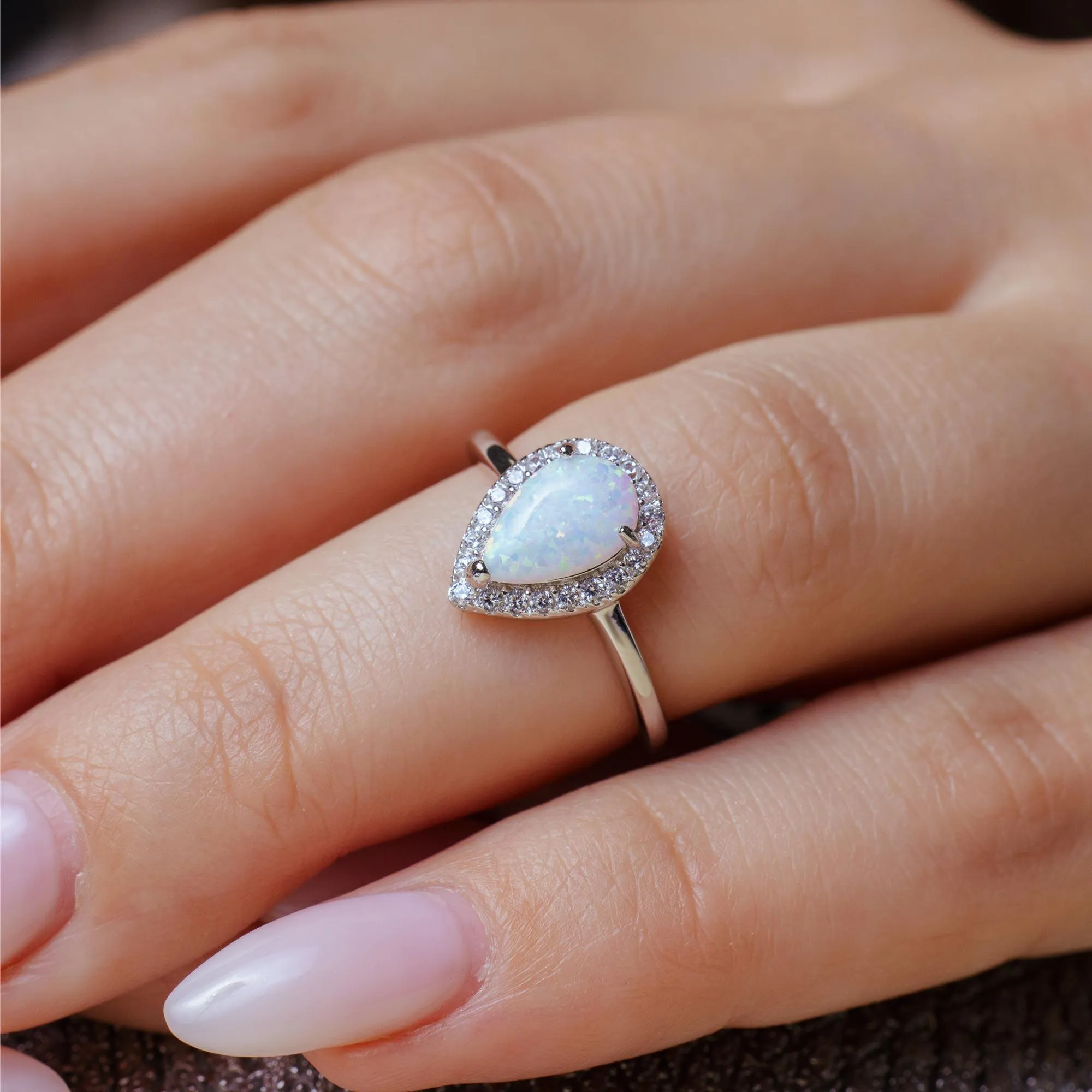 Rhodium Plated 925 Sterling Silver Teardrop Synthetic Opal CZ Ring - BGR01258