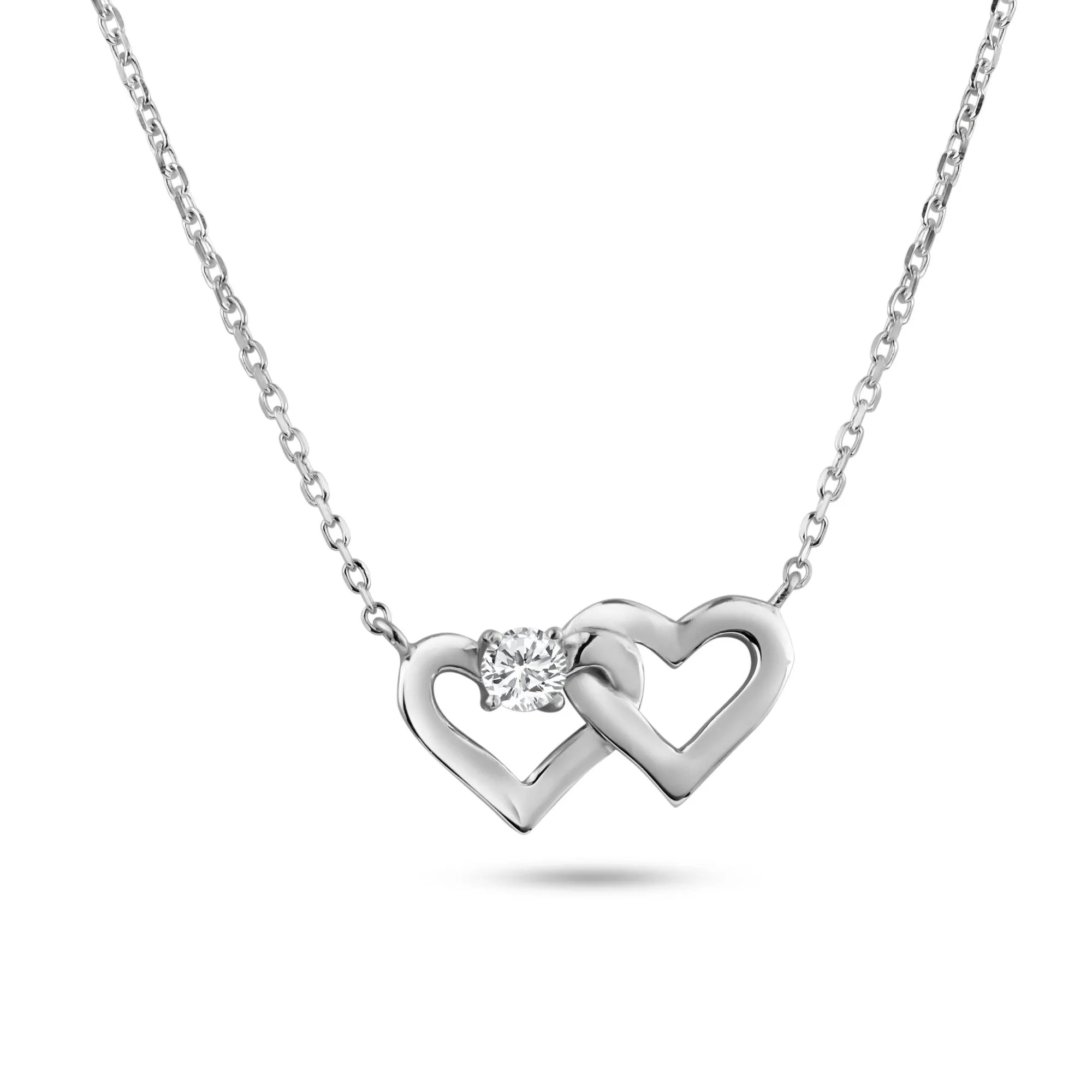 Rhodium Plated 925 Sterling Silver Twin Hearts Clear CZ Pendant Necklace - BGP01470