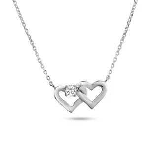 Rhodium Plated 925 Sterling Silver Twin Hearts Clear CZ Pendant Necklace - BGP01470