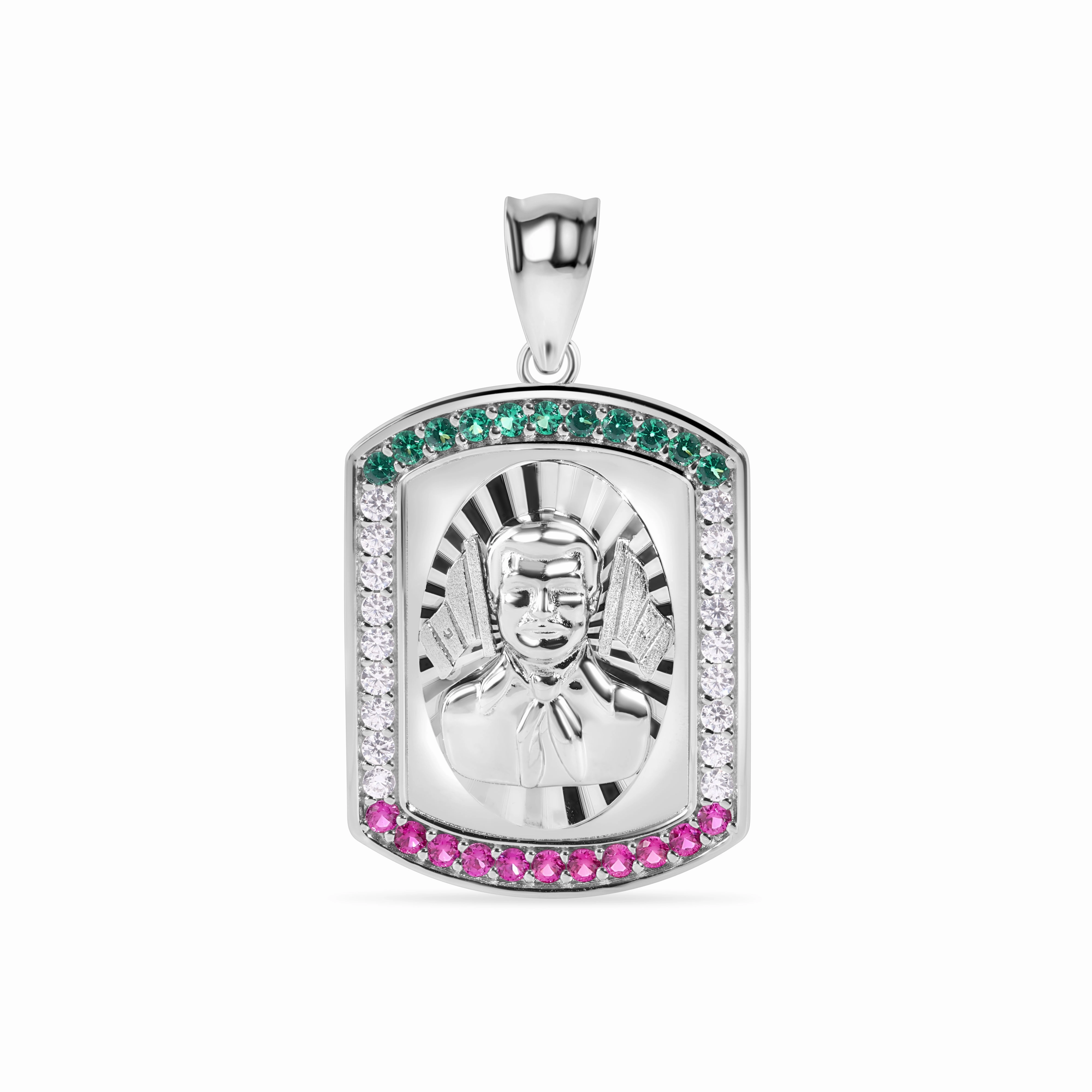 Rhodium Plated 925 Sterling Silver 27.5mm Malverde Diamond Cut Green Red and Clear Pendant - GMP00163