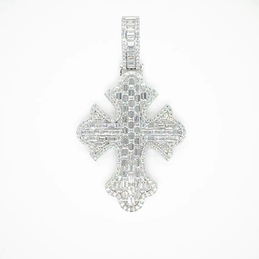 Rhodium Plated 925 Sterling Silver 52.6mm Fleur De Lis Cross Baguette Cut Clear CZ Pendant - GMP00160
