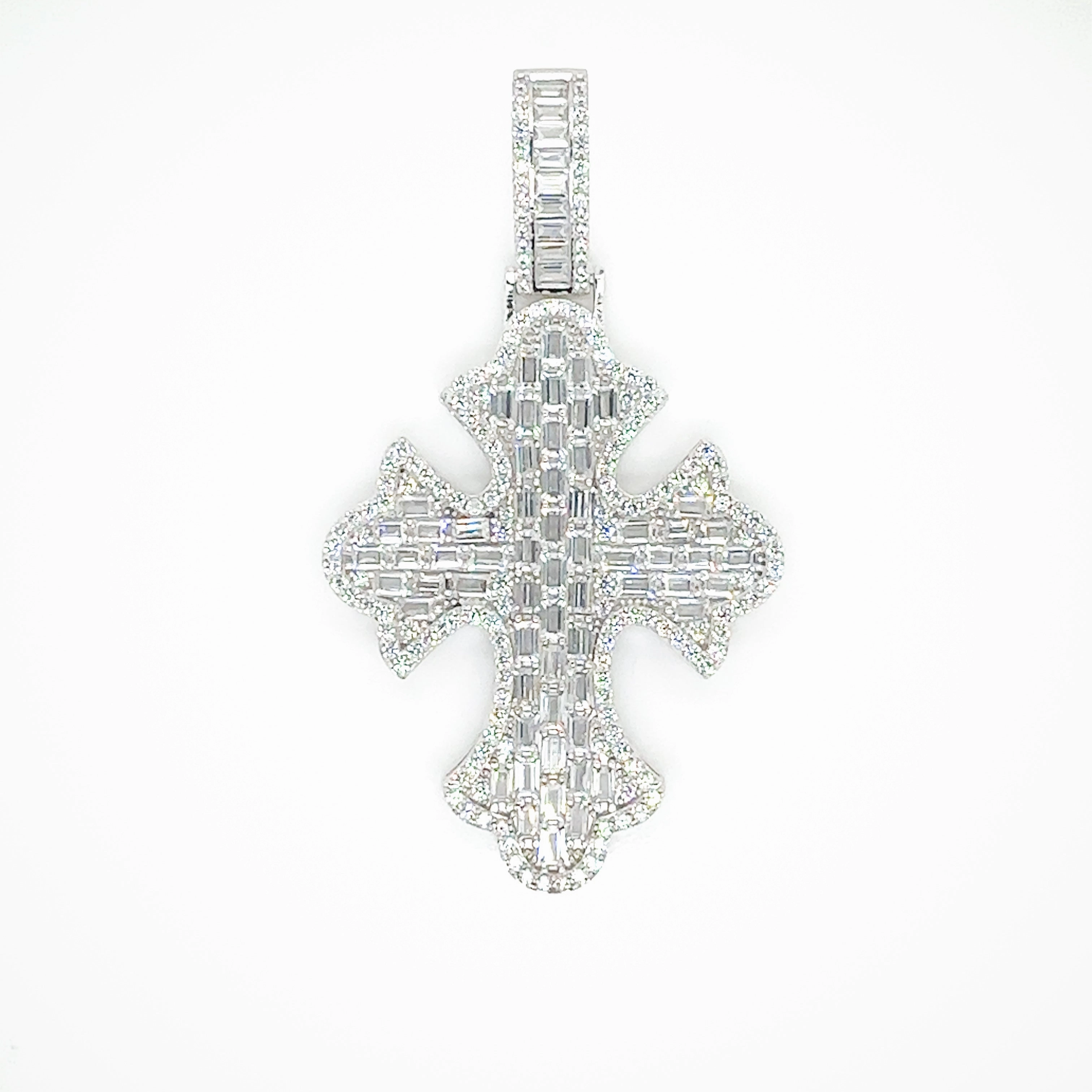 Rhodium Plated 925 Sterling Silver 52.6mm Fleur De Lis Cross Baguette Cut Clear CZ Pendant - GMP00160